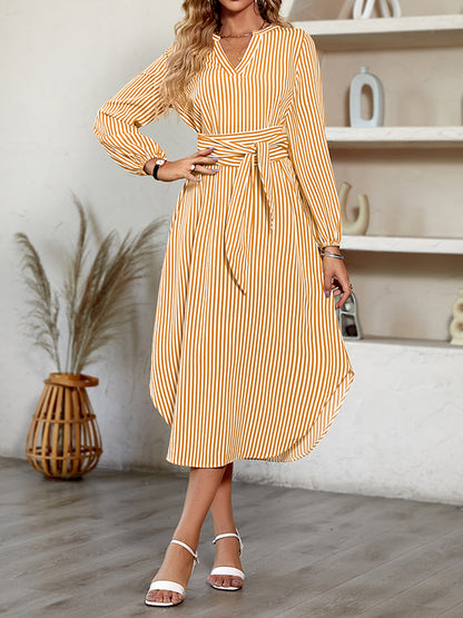 A-line Long Sleeves Striped Tied Waist V-neck Midi Dresses Shirt Dress