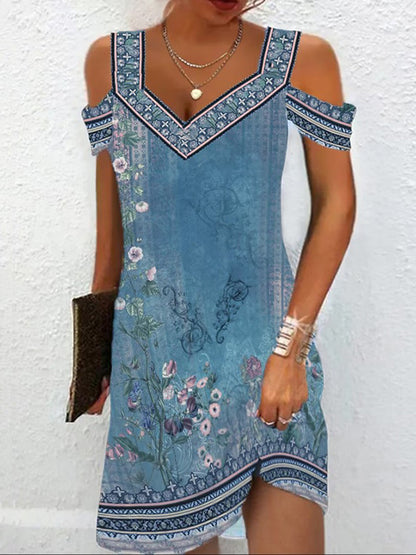 A-line High Waisted Flower Print Hollow Cold Shoulder Mini Dresses