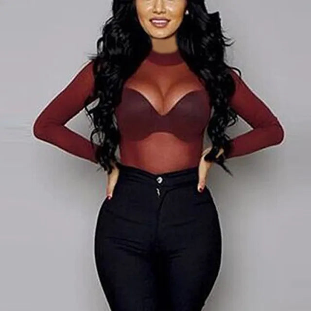 T Shirt See Through Transparent Mesh Tops Long Sleeve Sheer Slim Turtleneck T-shirt