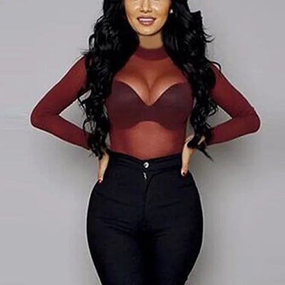 T Shirt See Through Transparent Mesh Tops Long Sleeve Sheer Slim Turtleneck T-shirt