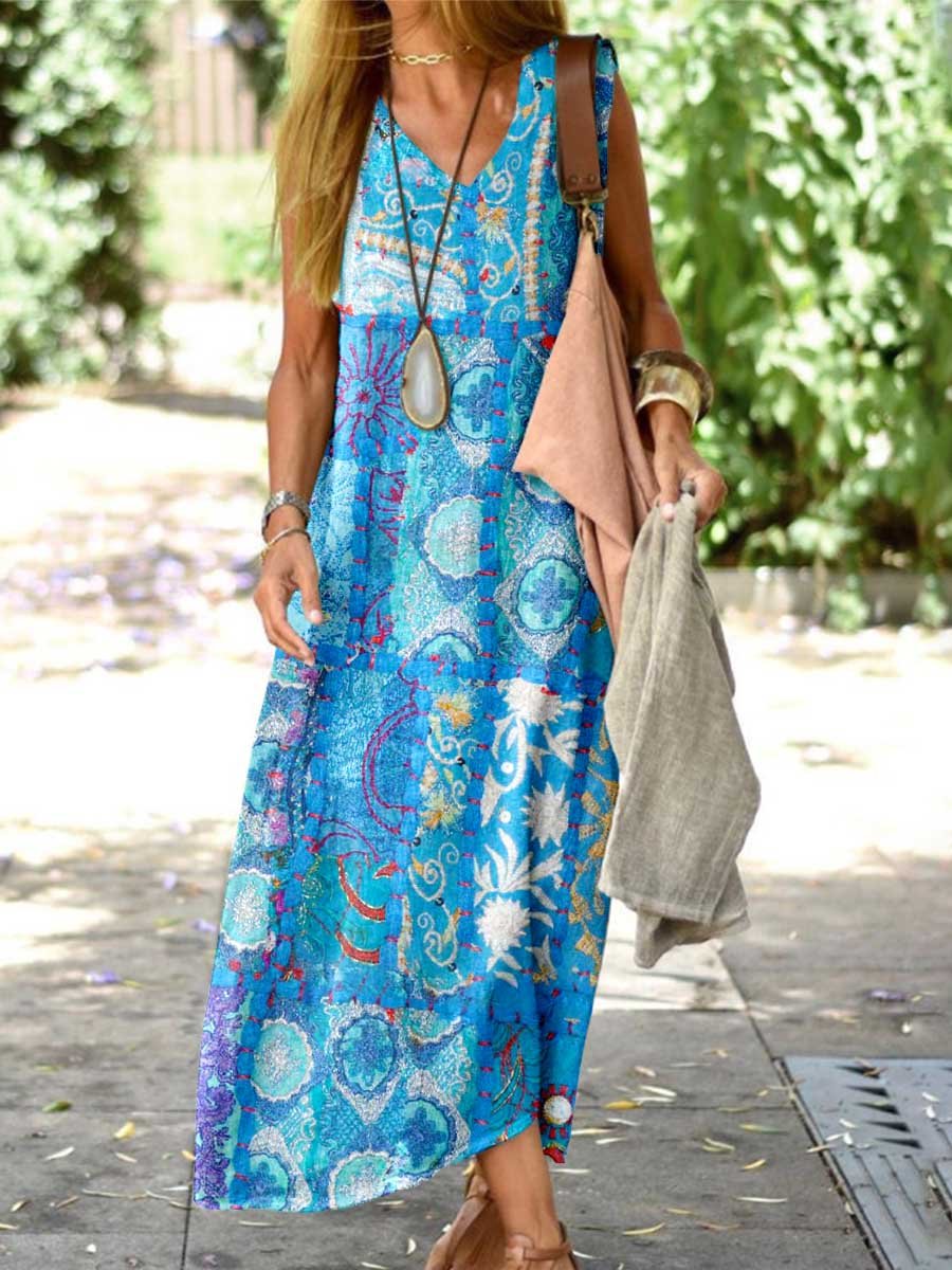 Women's Kantha Floral Pattern Loose Cotton and Linen Tank Top Dress