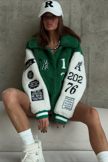 Color Block Sherpa Letter Lapel Coat