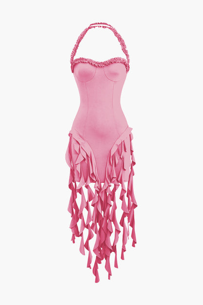 Color Ruffle Tassel Halter Bustier Mini Dress