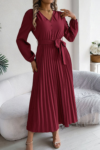 Color V-neck Buttoned Lace-up Pleated Maxi Dress