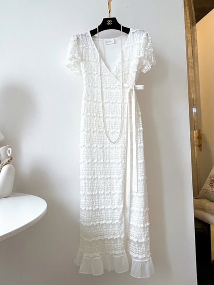 Bodycon Dress Summer V-neck Short Sleeve Korean Long Dresses White Black Long Robe