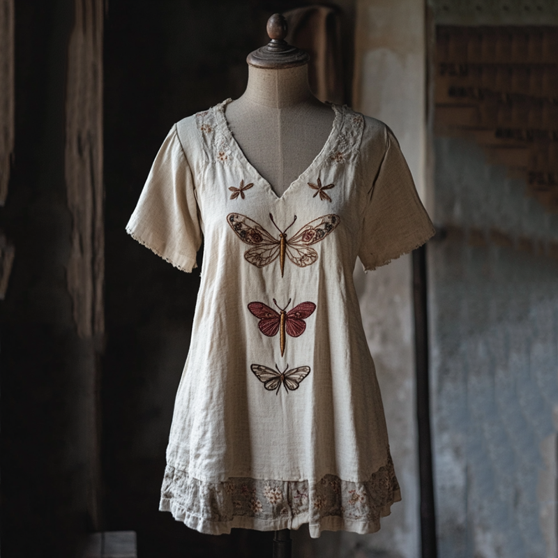 Vintage Floral Dragonfly Embroidery Linen Art Lace Trim Women's Linen Shirt elevenforest