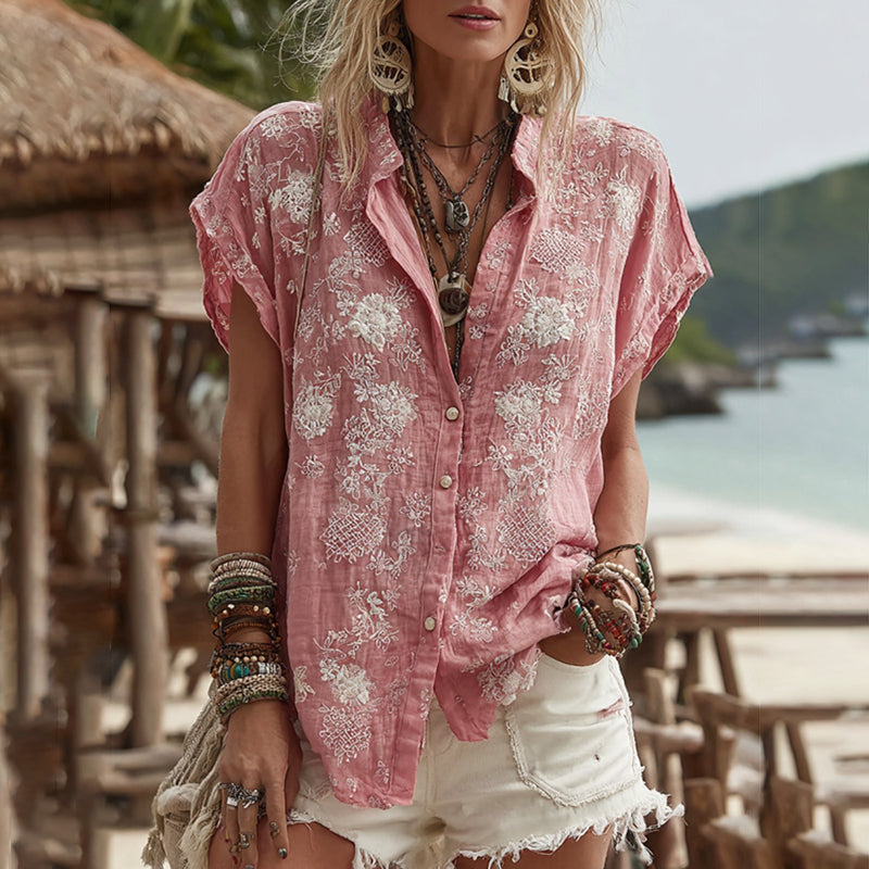 Women's Vintage Embroidery Floral Art Short Sleeve Shirt elevenforest