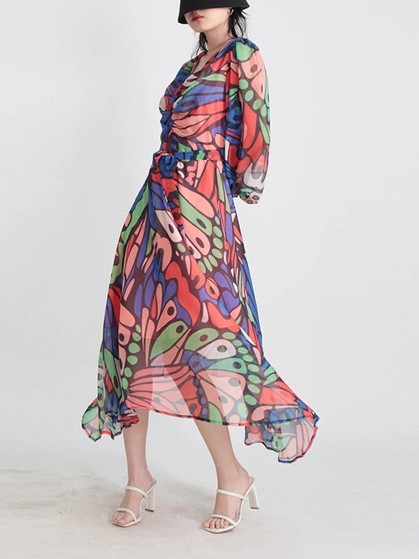 High Waisted Long Sleeves Buttoned Printed Split-joint V-neck Midi Dresses