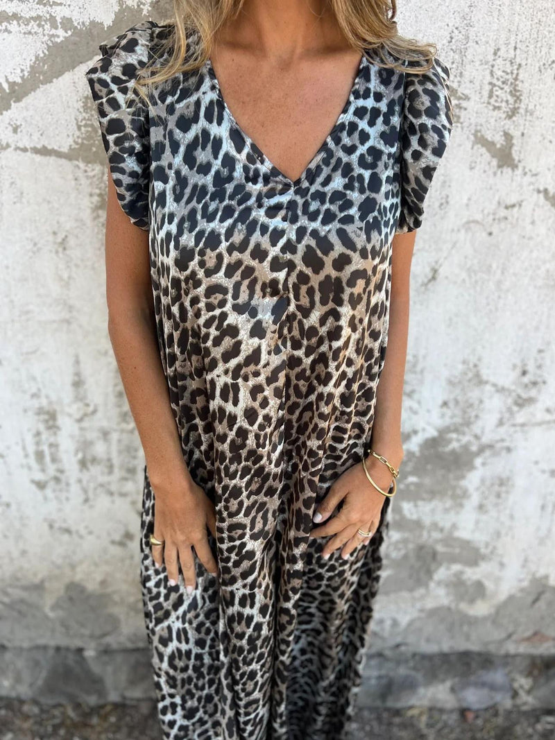 Leopard Print V-neck Jumpsuit With Front Pockets