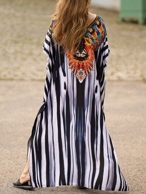 Batwing Sleeves Loose Printed Split-side Striped V-neck Beach Cover-up Maxi Dresses