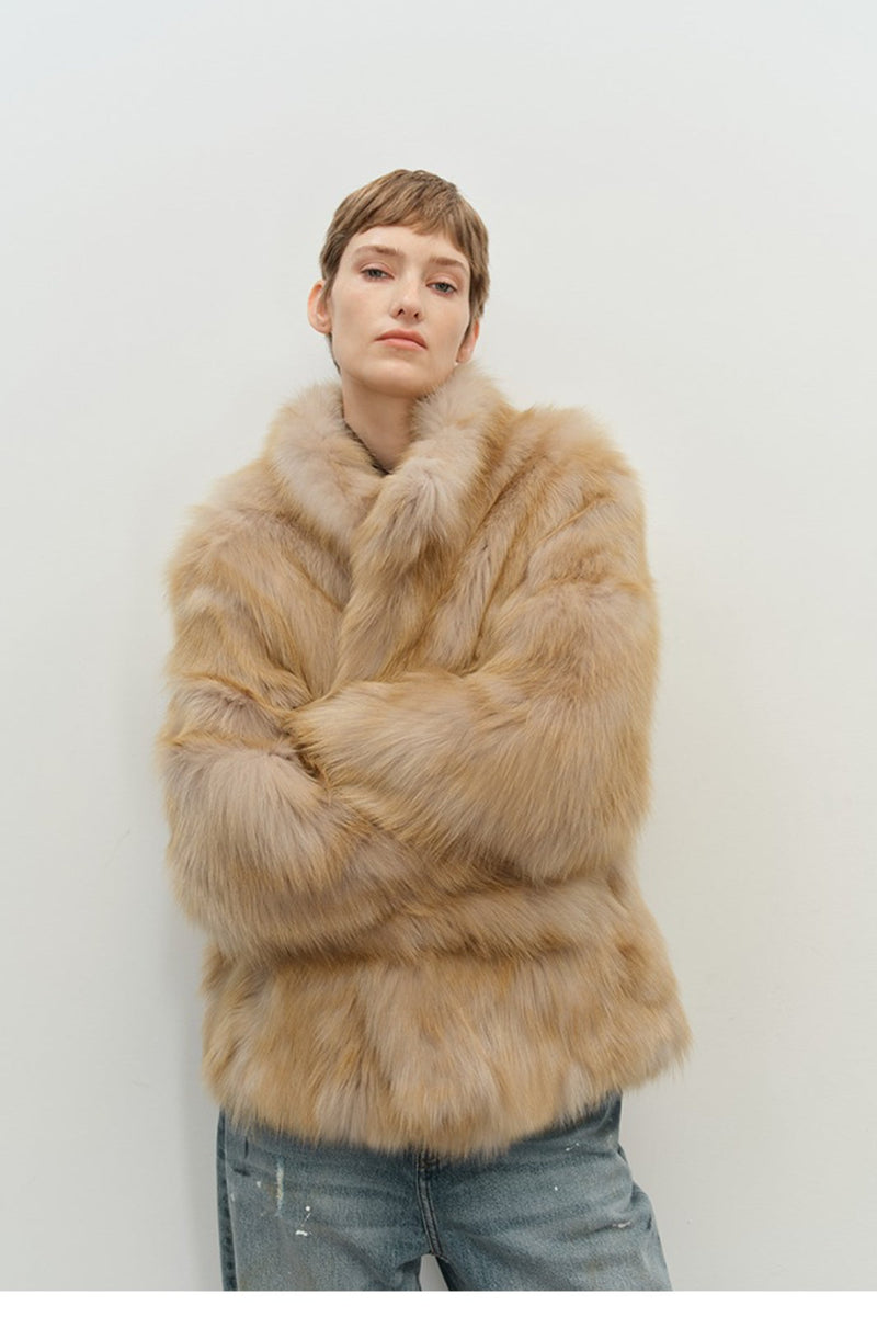 Mid-length Faux Fox Fur Stand Collar Warm Coat