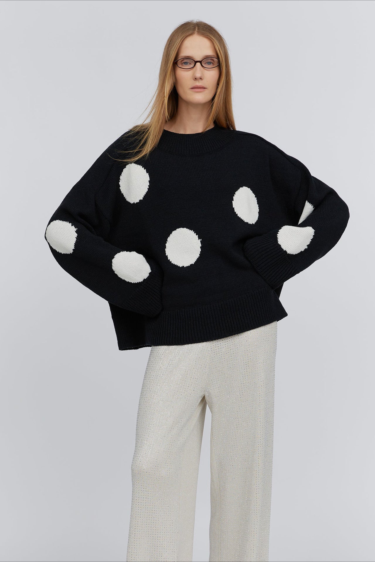 Crew Neck Polka Dot Pullover Knit Sweater