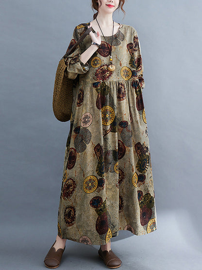 Artistic Retro Loose Long Sleeves Printed Round-neck Maxi Dresses