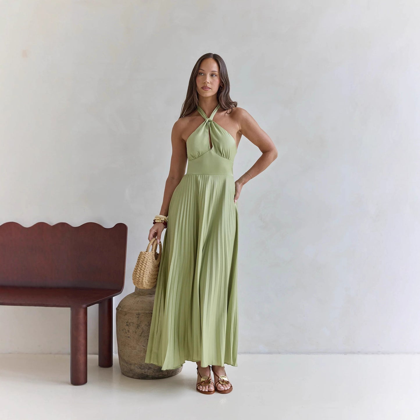 Color Halter Neck Hollowed-out Pleated Holiday Maxi Dress