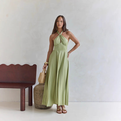Color Halter Neck Hollowed-out Pleated Holiday Maxi Dress