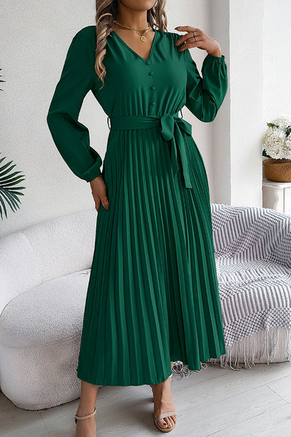 Color V-neck Buttoned Lace-up Pleated Maxi Dress