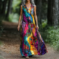 Women's Art Painting Colorful Textile Art Print V Neck Tank Dress