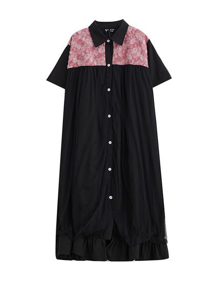 Loose Short Sleeves Falbala Printed Split-joint Lapel Midi Dresses
