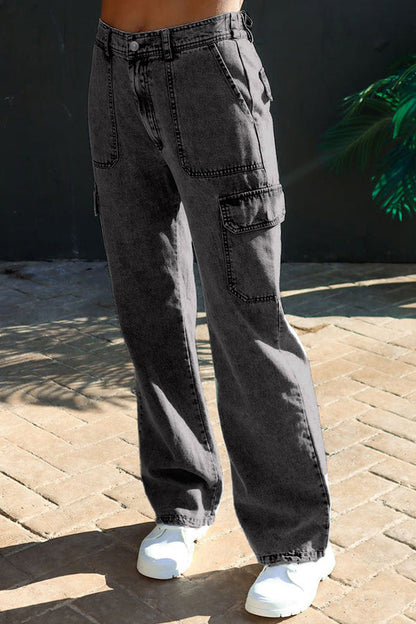 Washed Denim Multi-pocket Non-stretch Overalls