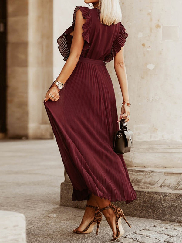 Loose Sleeveless Pleated Color Split-joint Tied Waist V-neck Maxi Dresses