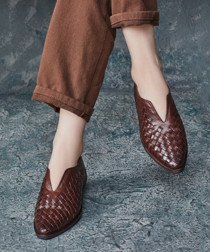 Coffee Flat Shoes for Retro Cowhide Leather Pointed Toe