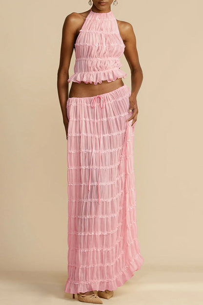Versatility and Charm Pleated Drawstring Waist Tiered Maxi Skirt