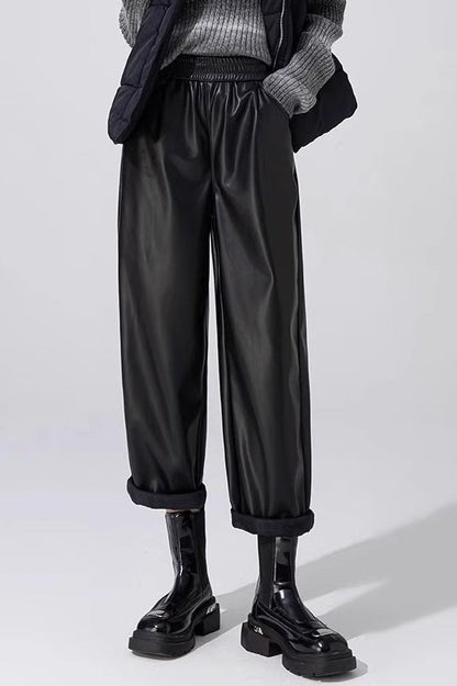 Slim Pu Leather Elastic Waist Straight Pants