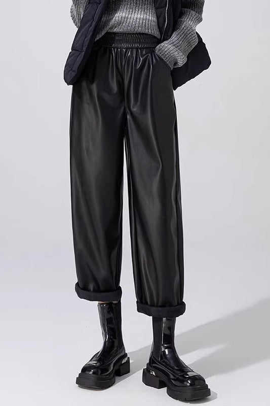 Slim Pu Leather Elastic Waist Straight Pants