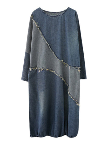 Original Loose Denim Contrast Color Round-neck Long Sleeves Midi Dress