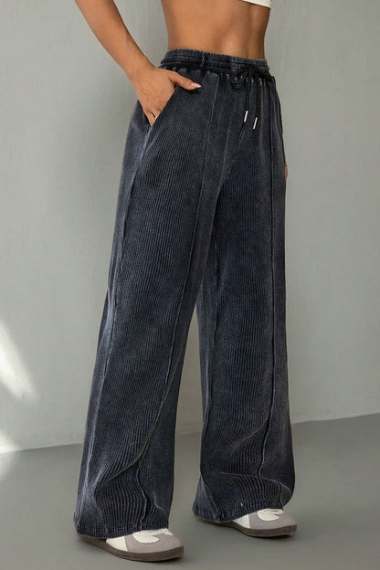 Color Drawstring Waist Wide Leg Sweat Pants