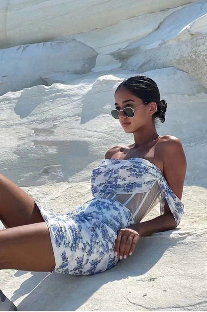 Blue Print Ruched Mini Dress