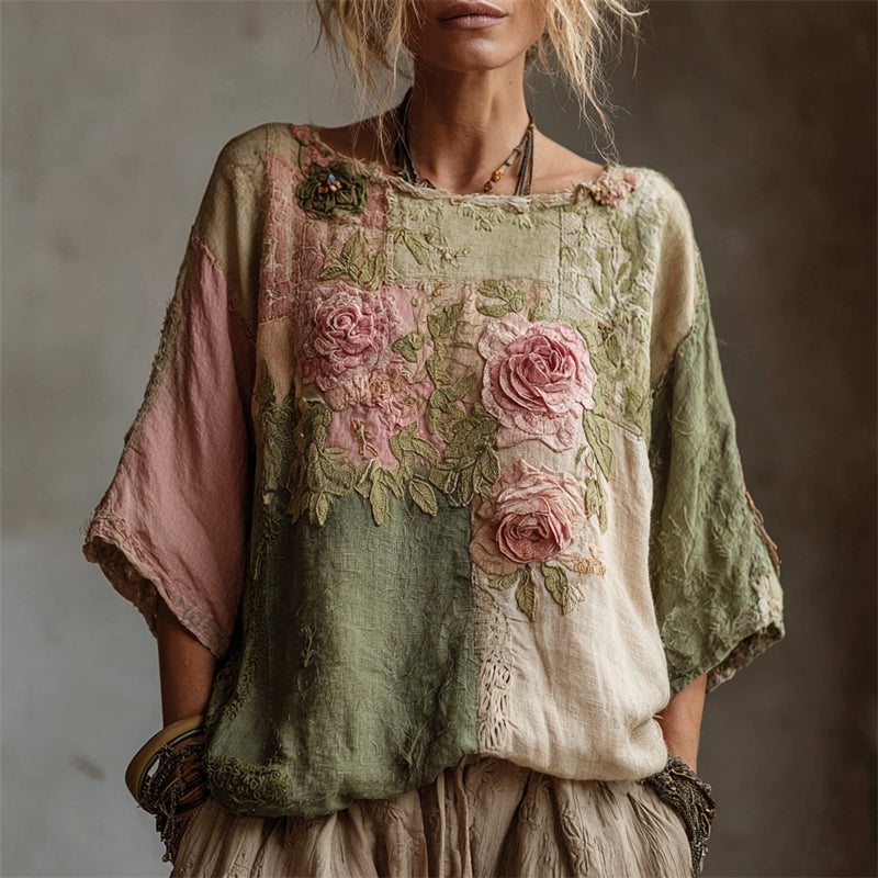 Vintage Pink Roses Embroidered Patchwork Linen Shirt elevenforest