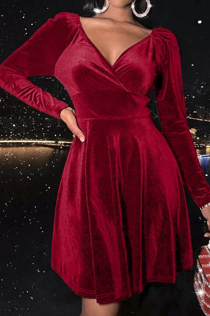 Velvet Long Sleeve V-neck Midi Dress
