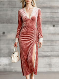 Vintage Exquisite Pink Velvet Print Midi Dress