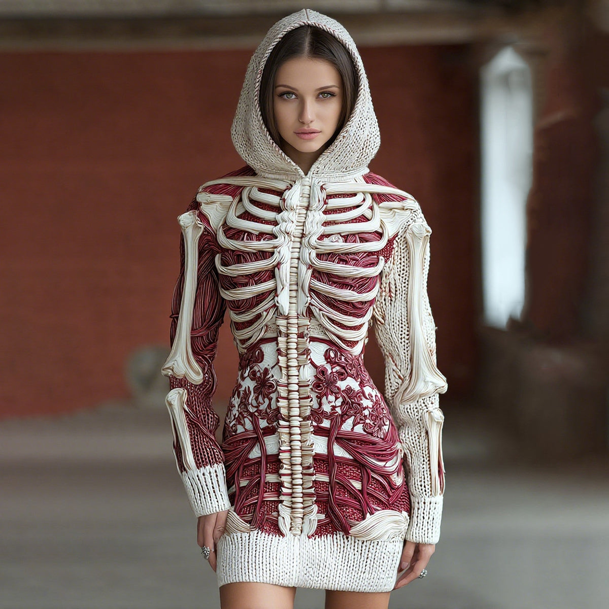 Women's Halloween Skeleton Bones With Floral Art Cozy Knit Hooded Sweater Dress elevenforest