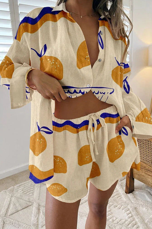 Lemon Print Button Up Lace Up Pocket Shorts Set