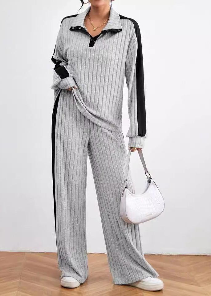 Effortless Luxe - Ribbed Knit Pullover and Wide-leg Pants Set