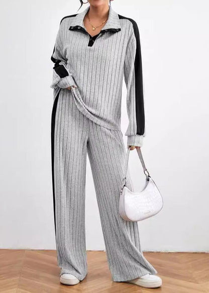 Effortless Luxe - Ribbed Knit Pullover and Wide-leg Pants Set
