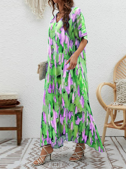 Loose Short Sleeves Contrast Color High-waisted Printed V-neck Maxi Dresses