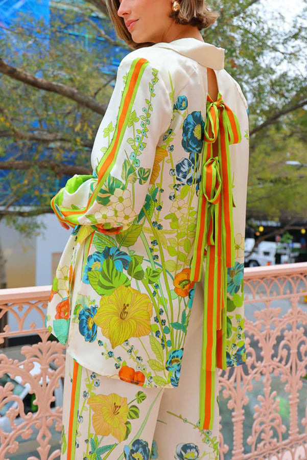 Antibes Satin Print Back Tie-up Button Down Oversized Blouse