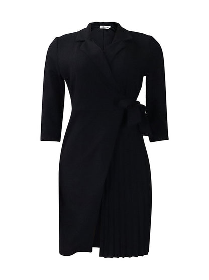 Three-quarter Sleeves Pleated Color Split-front Tied Waist V-neck Mini Dresses