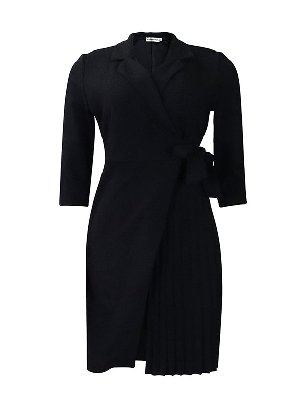 Three-quarter Sleeves Pleated Color Split-front Tied Waist V-neck Mini Dresses