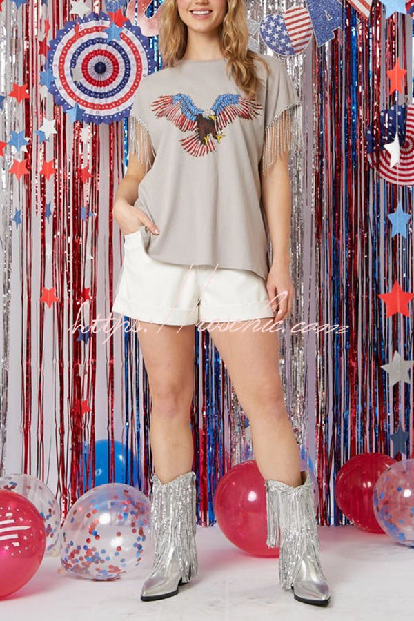 Extraordinary American Eagle Print Rhinestone Tassel Short Sleeve T-shirt