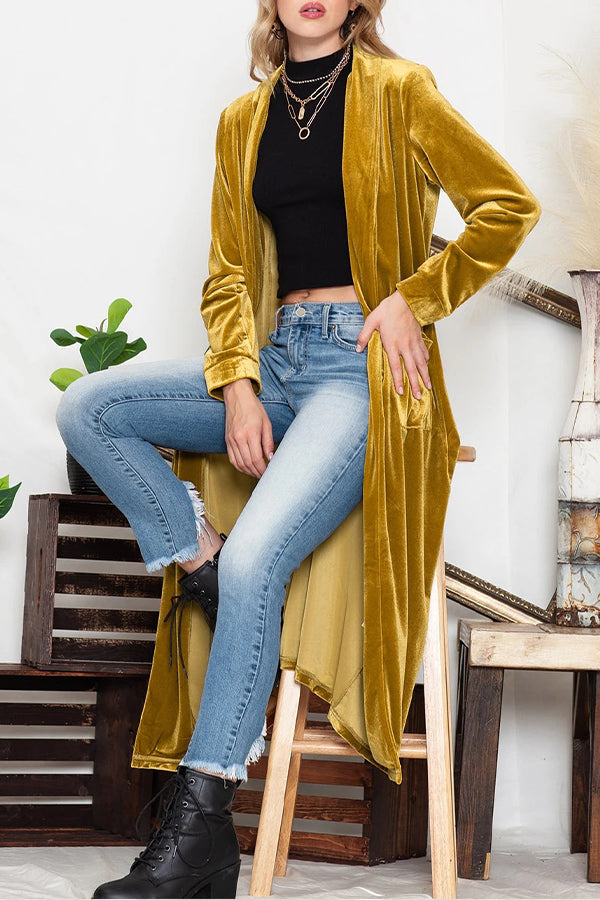 Yellow Velvet Open Front Pocket Long Cardigan