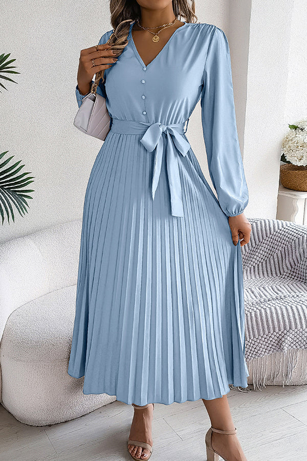 Color V-neck Buttoned Lace-up Pleated Maxi Dress
