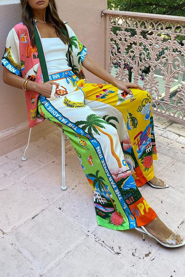 Kissed by the Sun Satin Unique Print Colorblock Elastic Waist Pocketed Wide Leg Pants