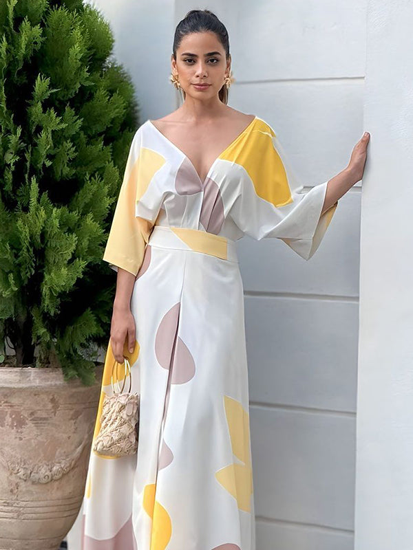 Loose Raglan Sleeve High-waisted Printed Deep V-neck Maxi Dresses