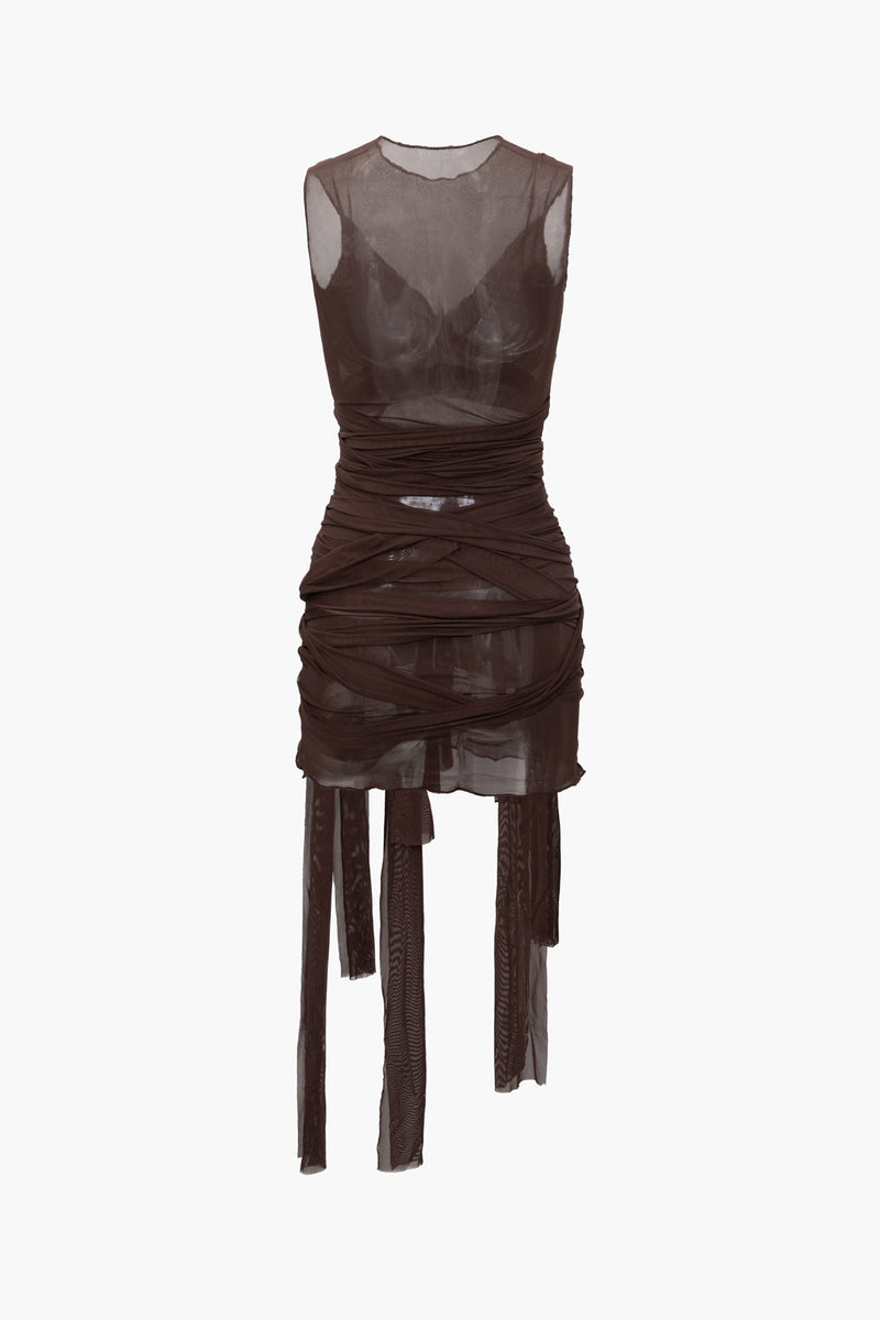 Color Sheer Mesh Wrap Tie Ribbon Mini Dress