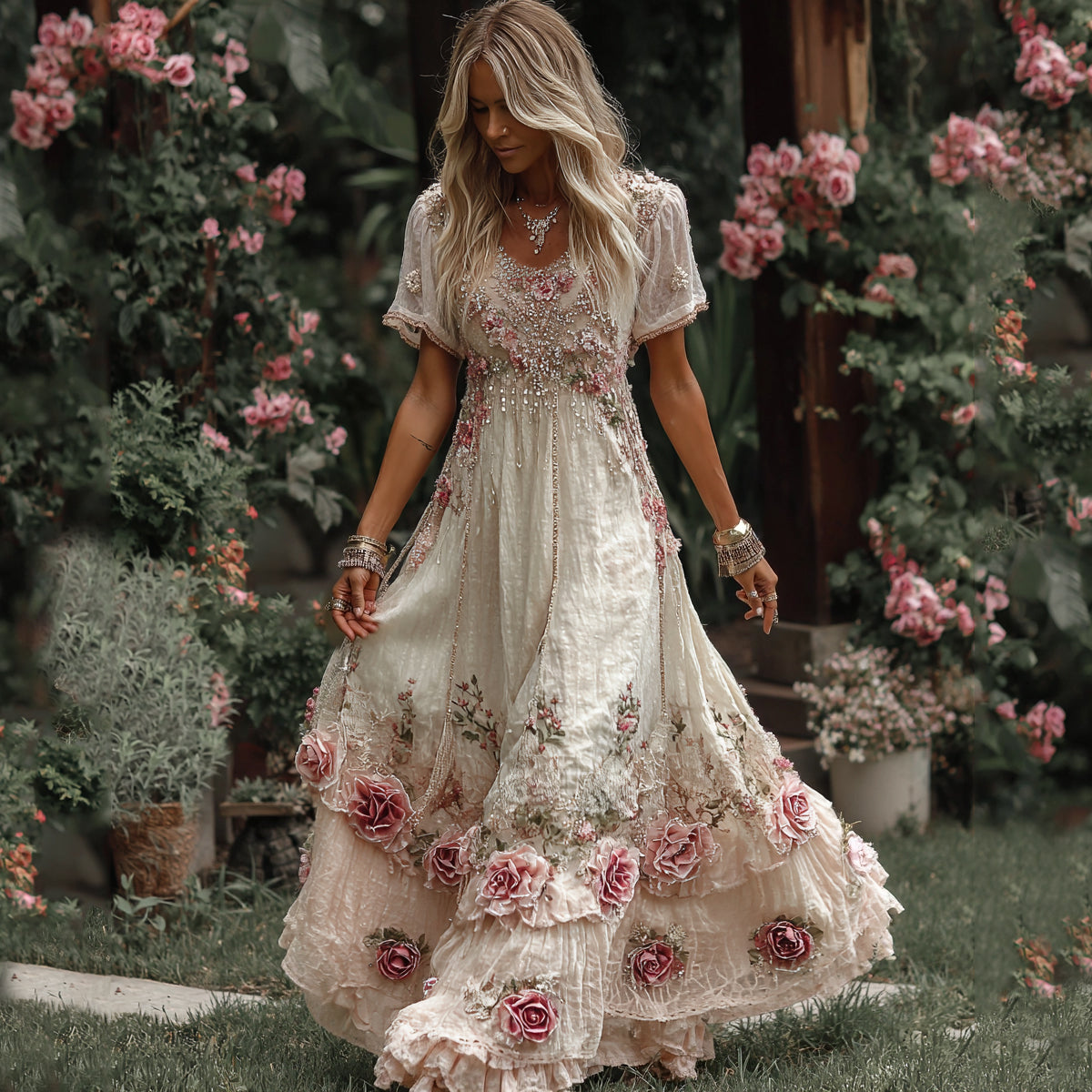 Women's Vintage Rose Embroidery Art Round Neck Short Sleeve Maxi Dress elevenforest