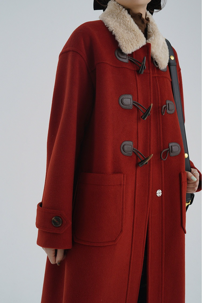 Horn Button Shearling Collar Red Overcoat